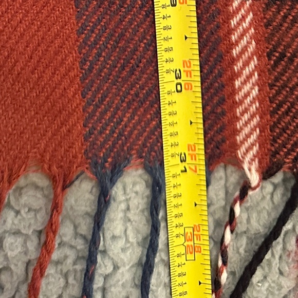 Women's soft navy blue & burnt orange/red plaid shawl cape w/ fringe (one size) - Picture 7 of 7